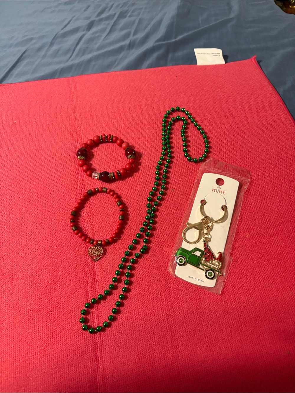 Mint Red & Green Bead Necklace, Bracelets and Truck Keychain
